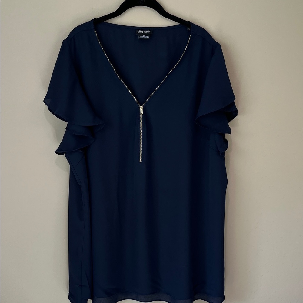 City Chic Deep Blue Zip V-Neck Blouse